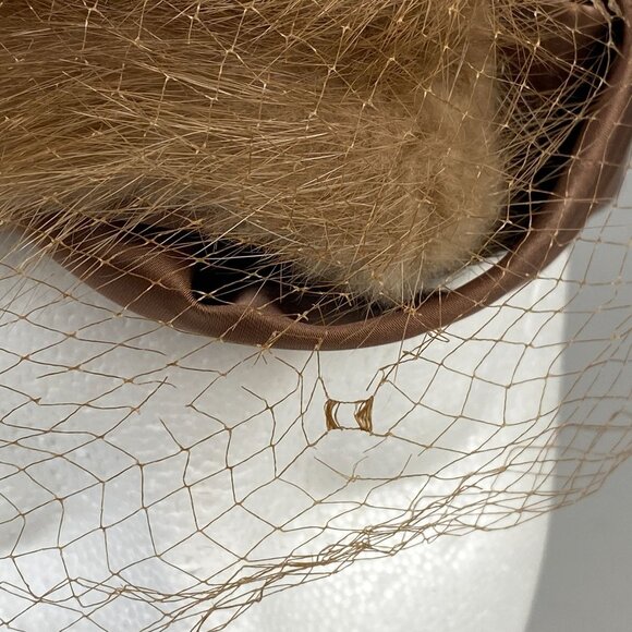 Vintage Roberta Bernays Brown Fur Satin Fascinator Hat Birdcage Veil Made USA